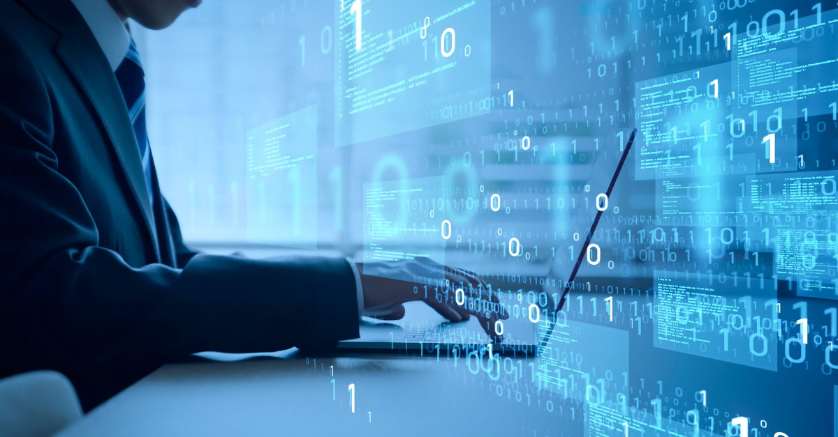 Man using a laptop computer with 0, 1 and code screenshots floating as a computer system data audit trail concept.