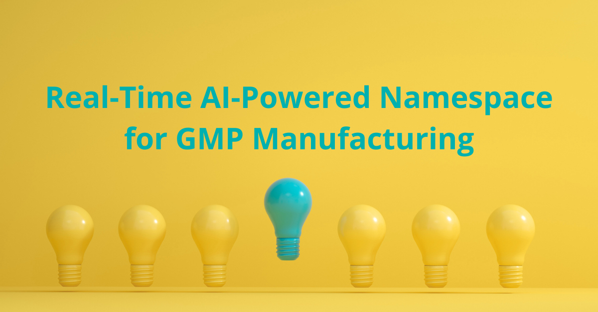 6 yellow light bulbs with 1 higher teal light bulb to signify an innovative idea as Real-Time AI-Powered Namespace for GMP Manufacturing