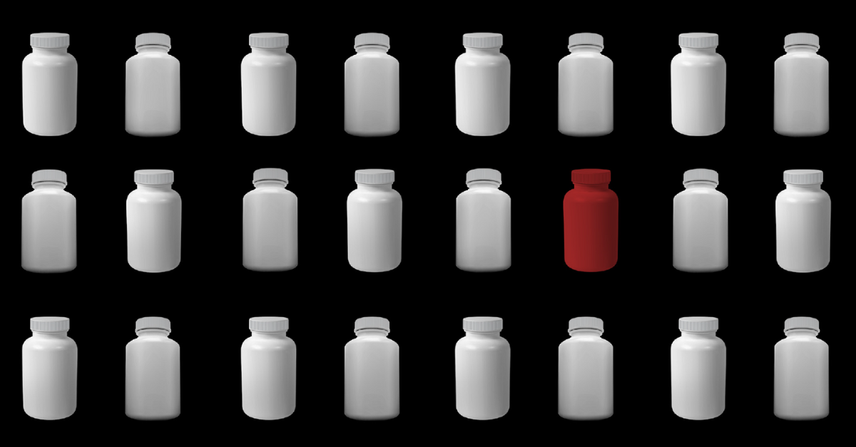 Product recall representation with white and red bottles