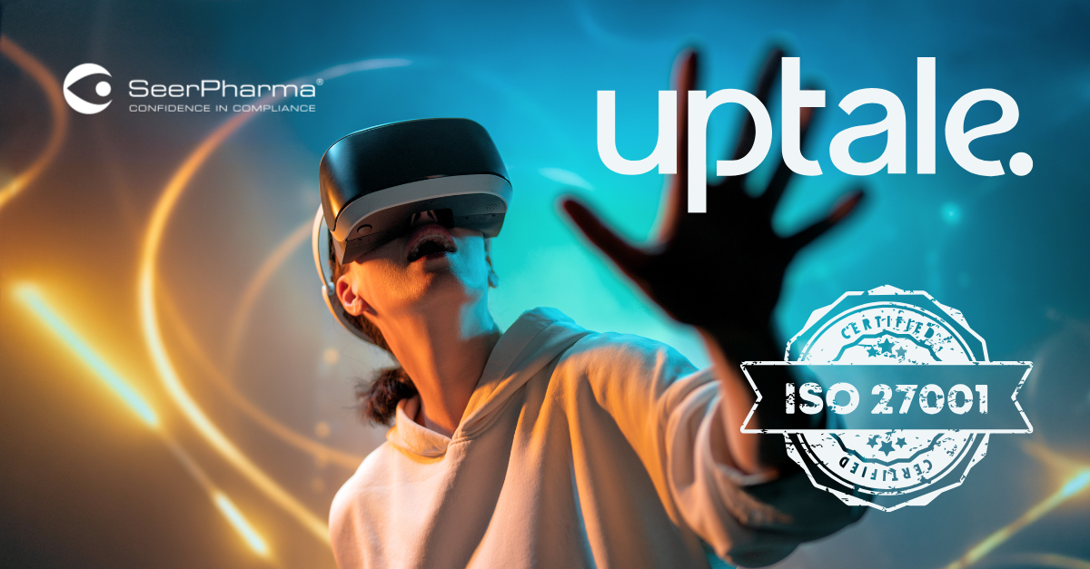 Person wearing a virtual reality headset, with SeerPharma and Uptale logos as well as an ISO 27001 certification seal.