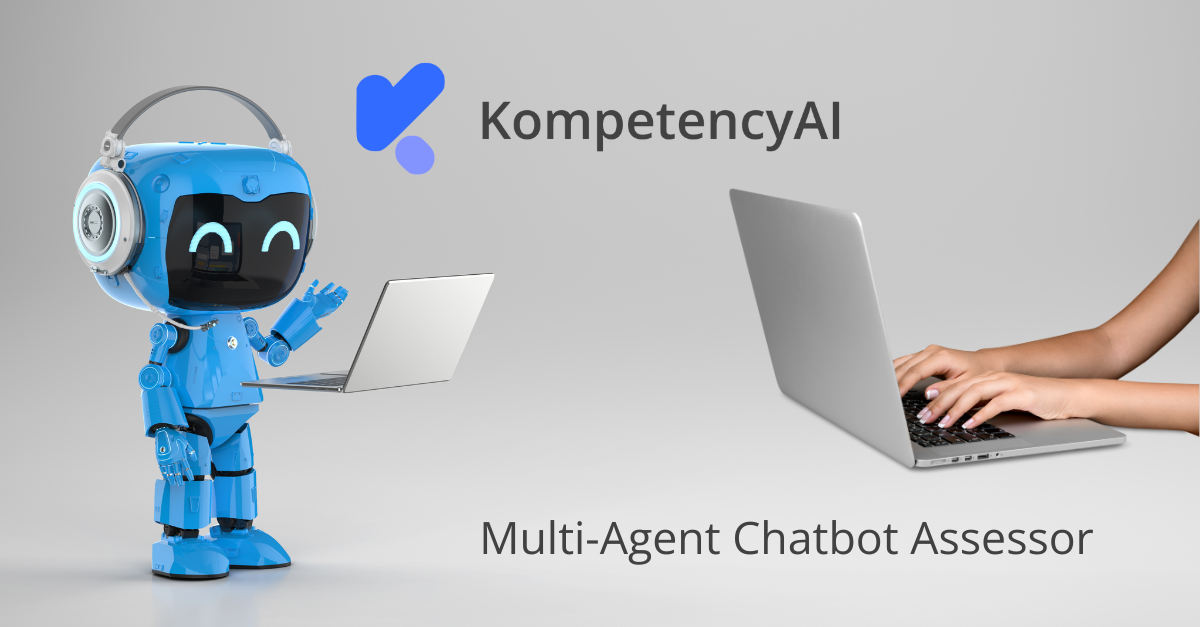 Concept of multi-agent chatbot assessor as chatbot with laptop on the left and a human using a laptop on the right.