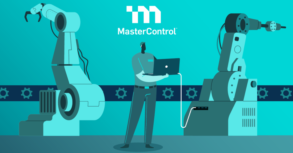 Factory Worker with a laptop computer connected to operational equipment with MasterConterol logo