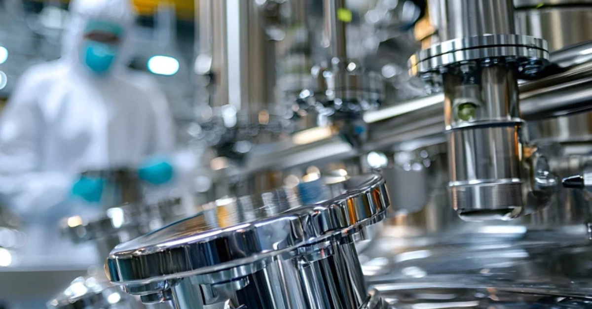 Stainless Steel GMP Manufacturing vessel with operator in background